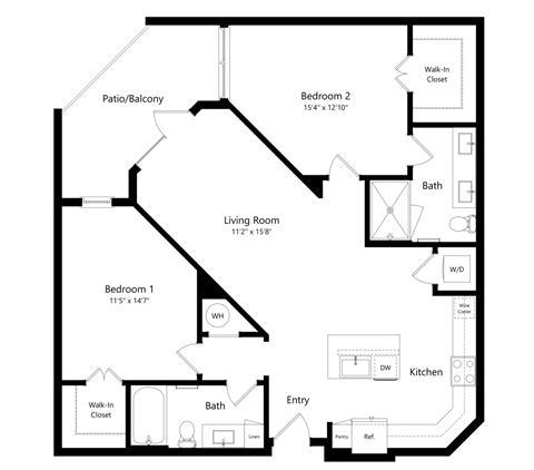 Floor plan for 2 beds, 2 baths, 1128 sqft